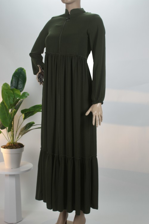 Haki Beli ve Eteği Fırfırlı Krep Ferace