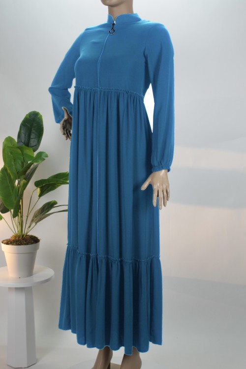 Mavi Beli ve Eteği Fırfırlı Krep Ferace