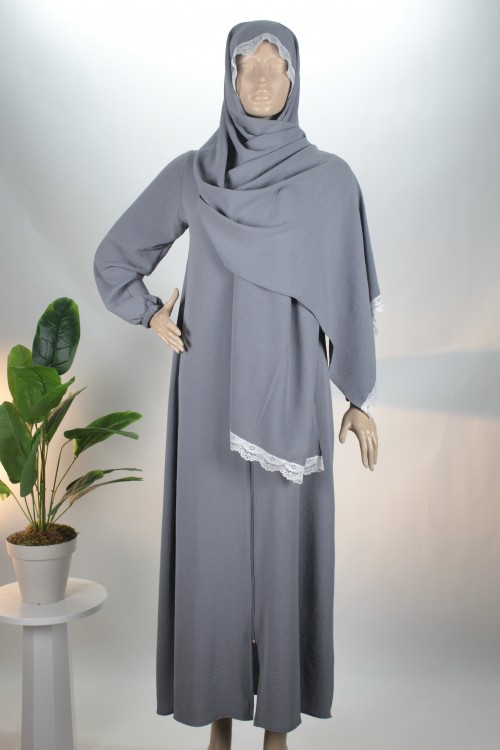 Gri 3’ü1 Arada Pelerinli Dantelli Ayrobin Ferace (Hac & Namaz & Hatim)