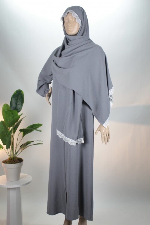 Gri 3’ü1 Arada Pelerinli Dantelli Ayrobin Ferace (Hac & Namaz & Hatim)