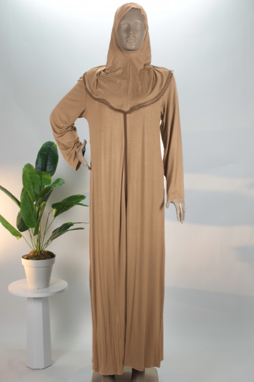 Kahverengi Fermuarlı Penye Namaz Elbisesi