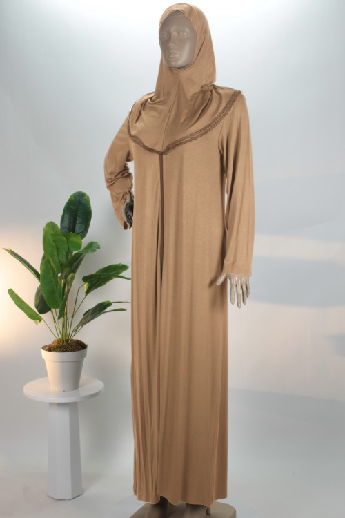 Kahverengi Fermuarlı Penye Namaz Elbisesi