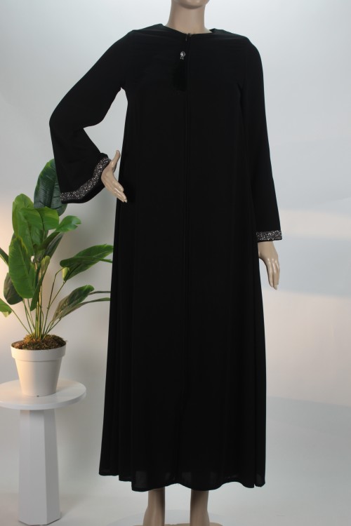 Siyah Kol Ucu Taşlı Medine İpeği Ferace