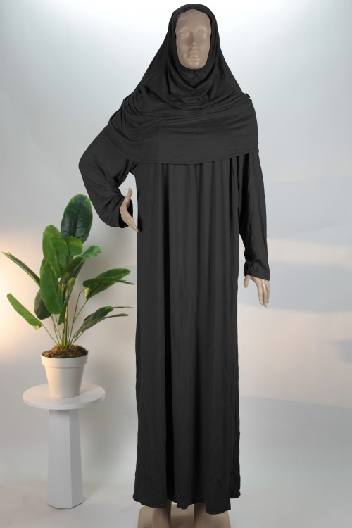 Siyah Likralı Penye Lady Namaz Elbisesi  (38 - 48 Tüm Bedenlere Uyumlu)