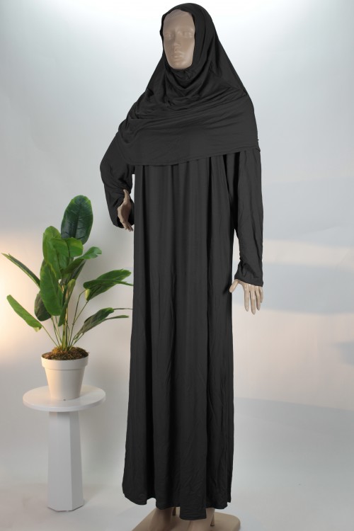 Siyah Likralı Penye Lady Namaz Elbisesi  (38 - 48 Tüm Bedenlere Uyumlu)