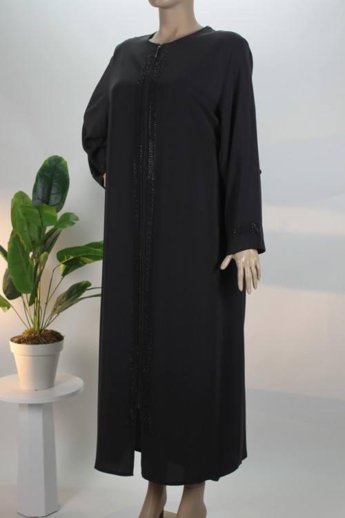 Siyah Ortası Taş Şeritli Medine İpeği Anne Model Ferace