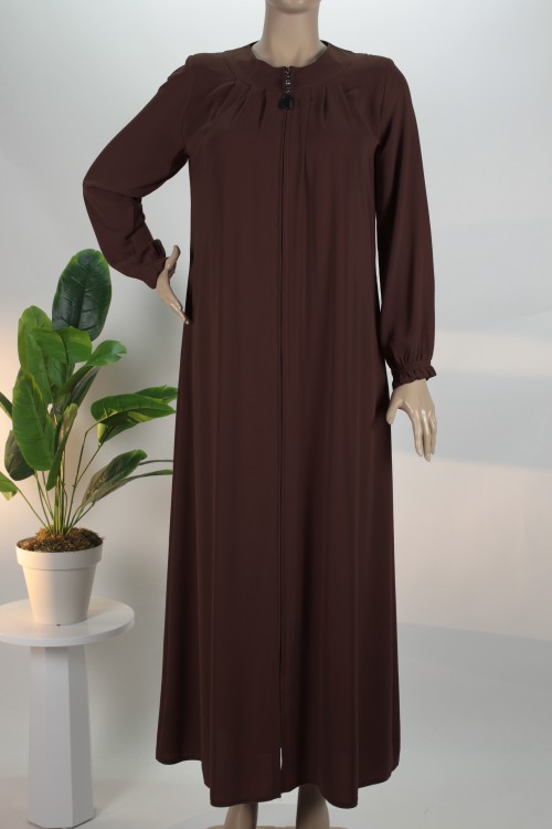 Acı Kahve Yaka Pileli Medine İpeği Ferace