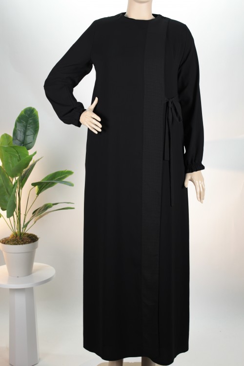 Siyah Yandan Bağlamalı Sırtı Cepkenli Krep Ferace