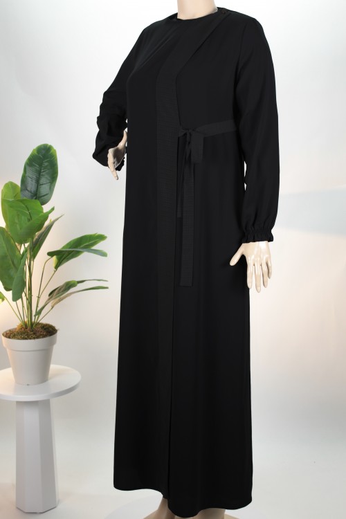 Siyah Yandan Bağlamalı Sırtı Cepkenli Krep Ferace