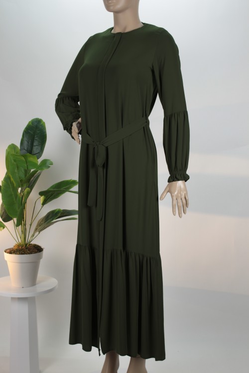 Haki Eteği Büzgülü Kolu Pileli Pat Kemerli Medine İpeği Ferace