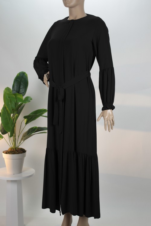 Siyah Eteği Büzgülü Kolu Pileli Pat Kemerli Medine İpeği Ferace