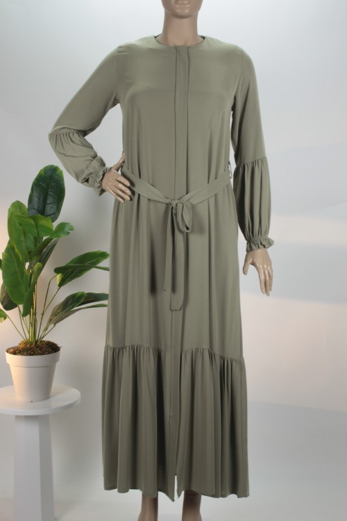 Küf Yeşili Eteği Büzgülü Kolu Pileli Pat Kemerli Medine İpeği Ferace