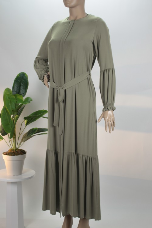 Küf Yeşili Eteği Büzgülü Kolu Pileli Pat Kemerli Medine İpeği Ferace