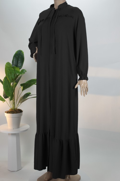 Siyah İki Fırfırlı Fermuarı Gizli Yakası Bağcıklı Ayrobin Ferace