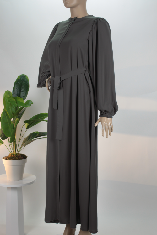 Antrasit Balon Kol Gizli Fermuarlı Pat Kemerli Medine İpeği Ferace