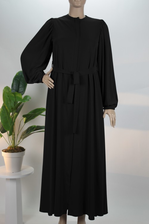 Siyah Balon Kol Gizli Fermuarlı Pat Kemerli Medine İpeği Ferace