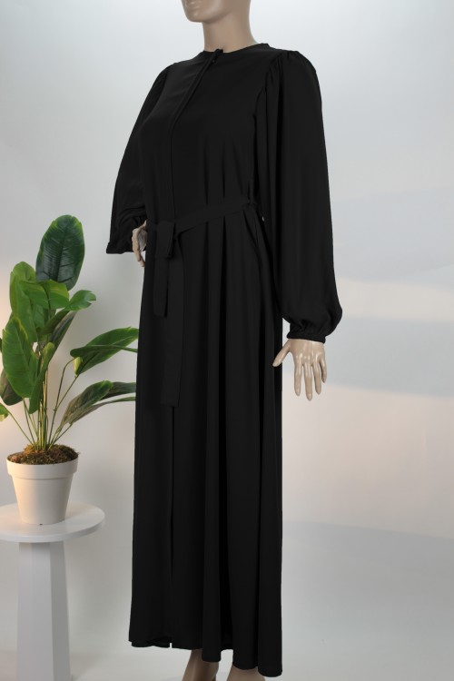 Siyah Balon Kol Gizli Fermuarlı Pat Kemerli Medine İpeği Ferace