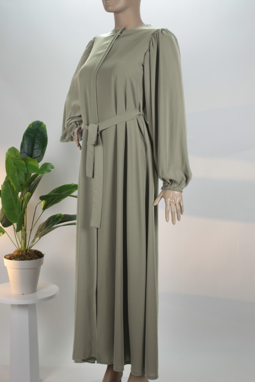 Küf Yeşili Balon Kol Gizli Fermuarlı Pat Kemerli Medine İpeği Ferace