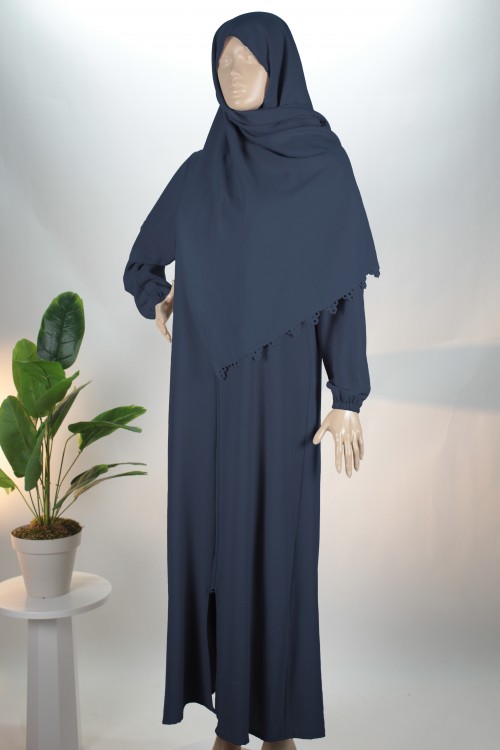 Lacivert 3'ü 1 Arada Lazer Kesim Şallı Ayrobin Ferace (Umre & Namaz & Hatim Elbisesi)