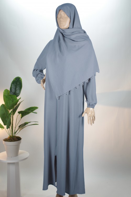 Açık Mavi 3'ü 1 Arada Lazer Kesim Şallı Ayrobin Ferace (Umre & Namaz & Hatim Elbisesi)