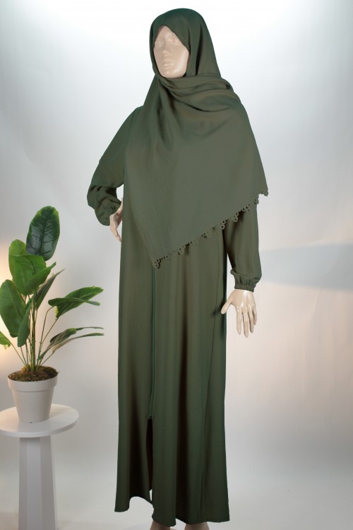 Yeşil 3'ü 1 Arada Lazer Kesim Şallı Ayrobin Ferace (Umre & Namaz & Hatim Elbisesi)