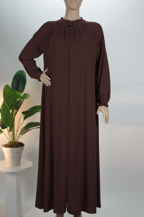 Acı Kahve Yaka Pileli Reglan Kol Krep Ferace